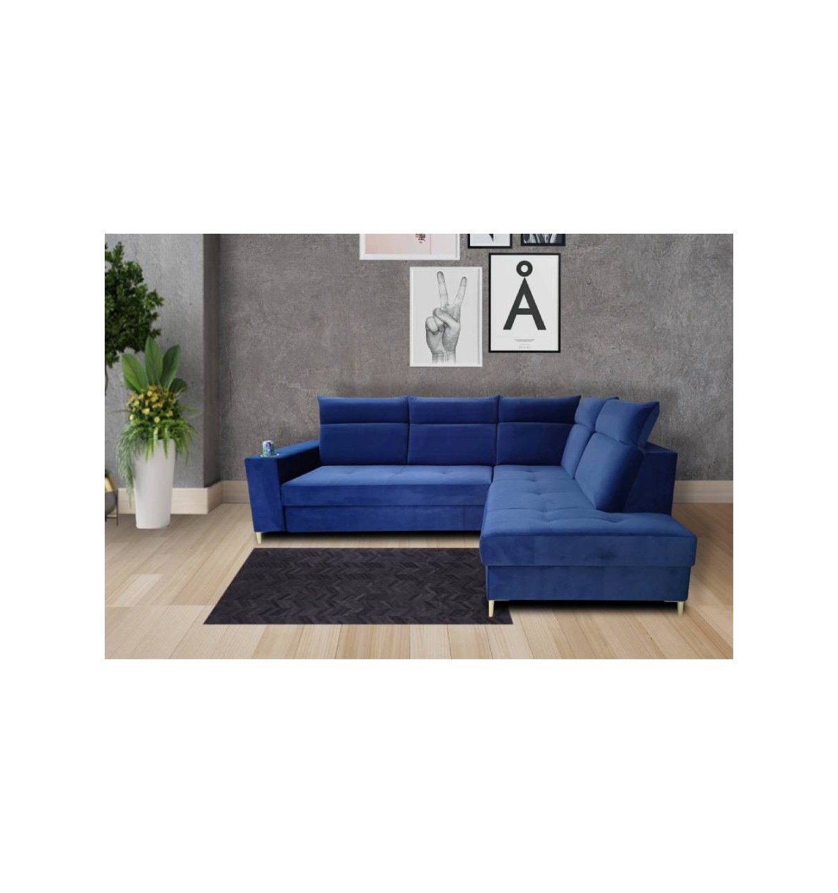 Niebieska sofa narożna z funkcją spania