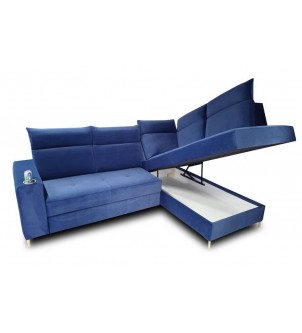 Niebieska sofa narożna z funkcją spania