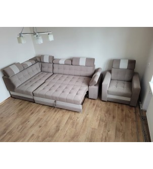 Zestaw sofa narożna oraz fotel tapicerowany