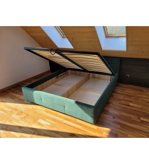 Podwójne łóżko tapicerowane z pojemnikiem na pościel