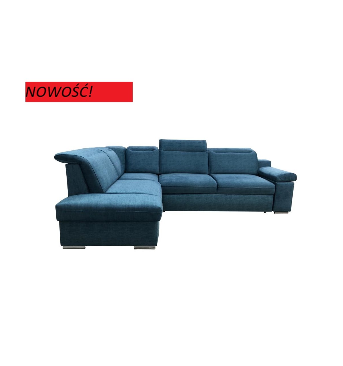 Niebieska sofa narożna z ruchomymi zagłówkami