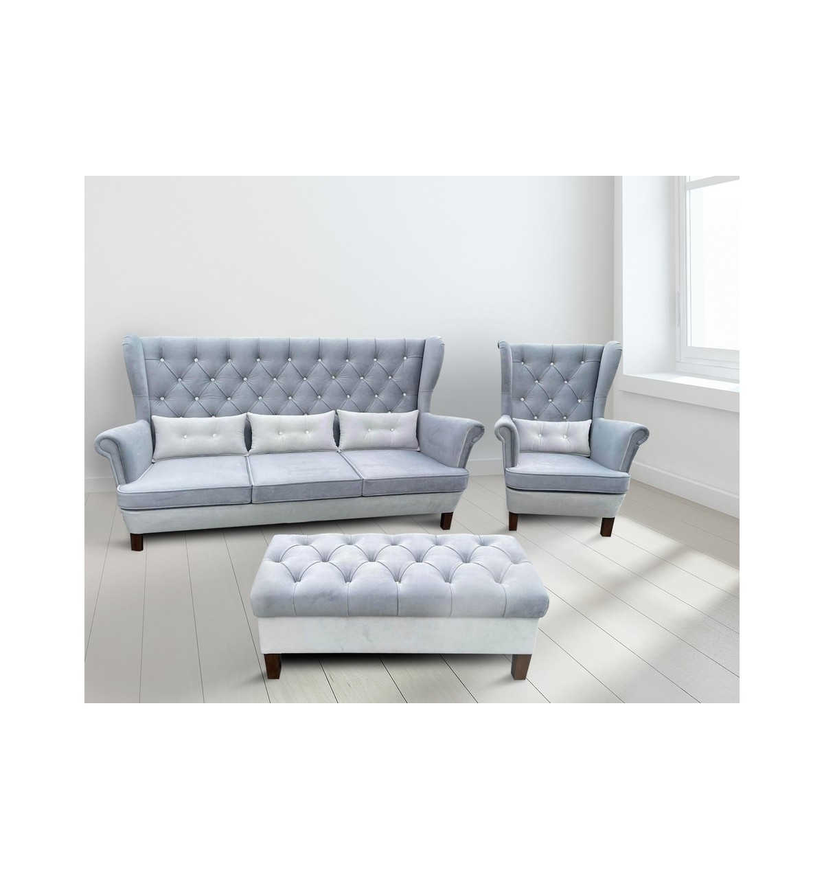 Zestaw mebli tapicerowanych fotel, sofa oraz podnóżek
